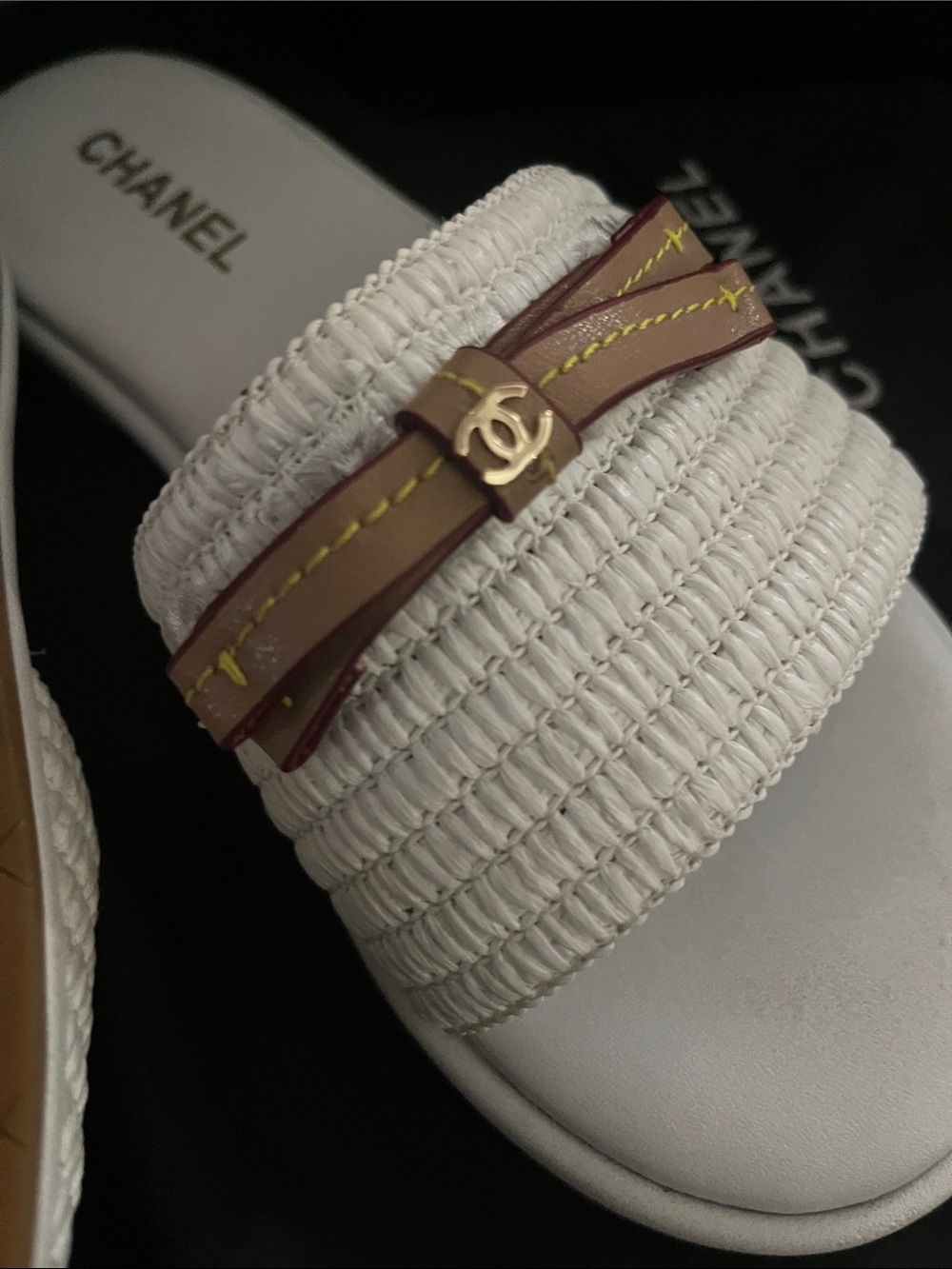 White Raffia Slide Mules with Brown Trim and Gold Accents - Picture 6 of 6